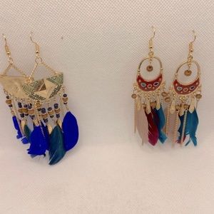 Faux Feather Earrings Bohemian Fringe Tassel Long Drop Dangle Earrings Set